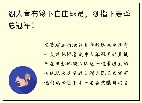 湖人宣布签下自由球员，剑指下赛季总冠军！